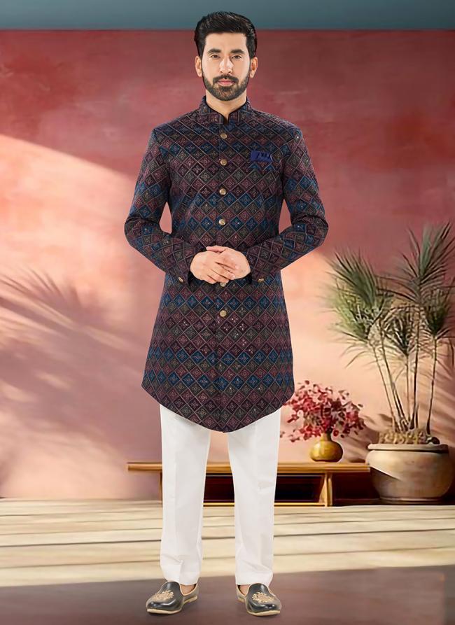 Velvet Multi Color Wedding Wear Embroidery Work Readymade Sherwani